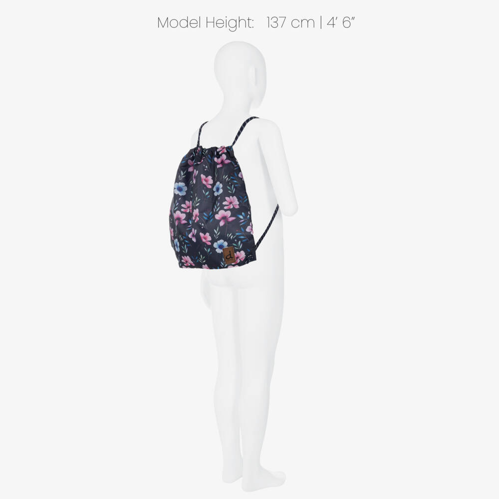 Deux par Deux-Girls Navy Blue Flower Print Drawstring Backpack (39cm) | Childrensalon