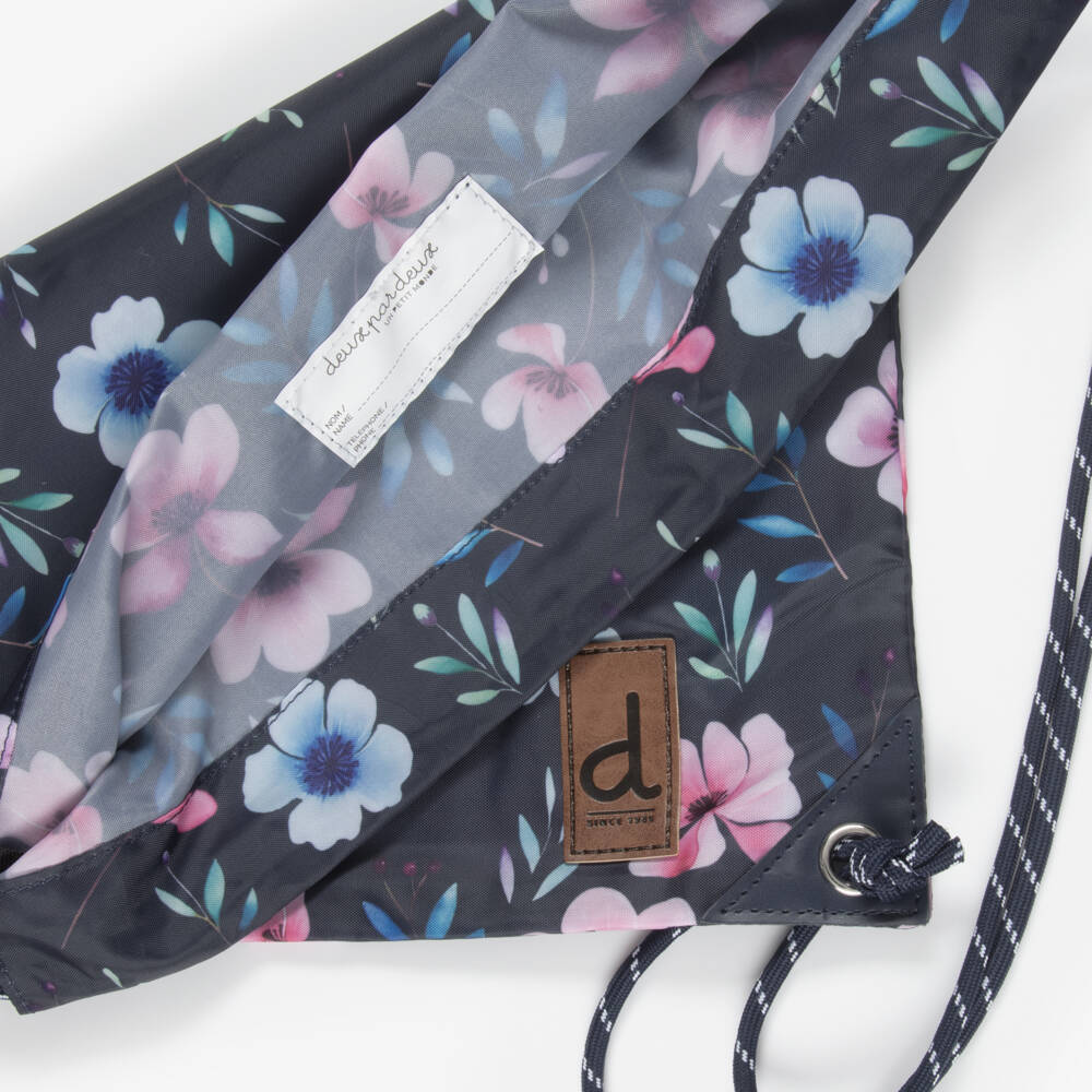Deux par Deux-Girls Navy Blue Flower Print Drawstring Backpack (39cm) | Childrensalon