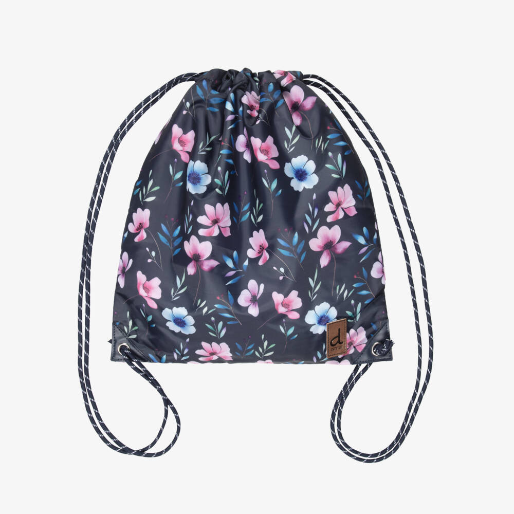 Deux par Deux-Girls Navy Blue Flower Print Drawstring Backpack (39cm) | Childrensalon