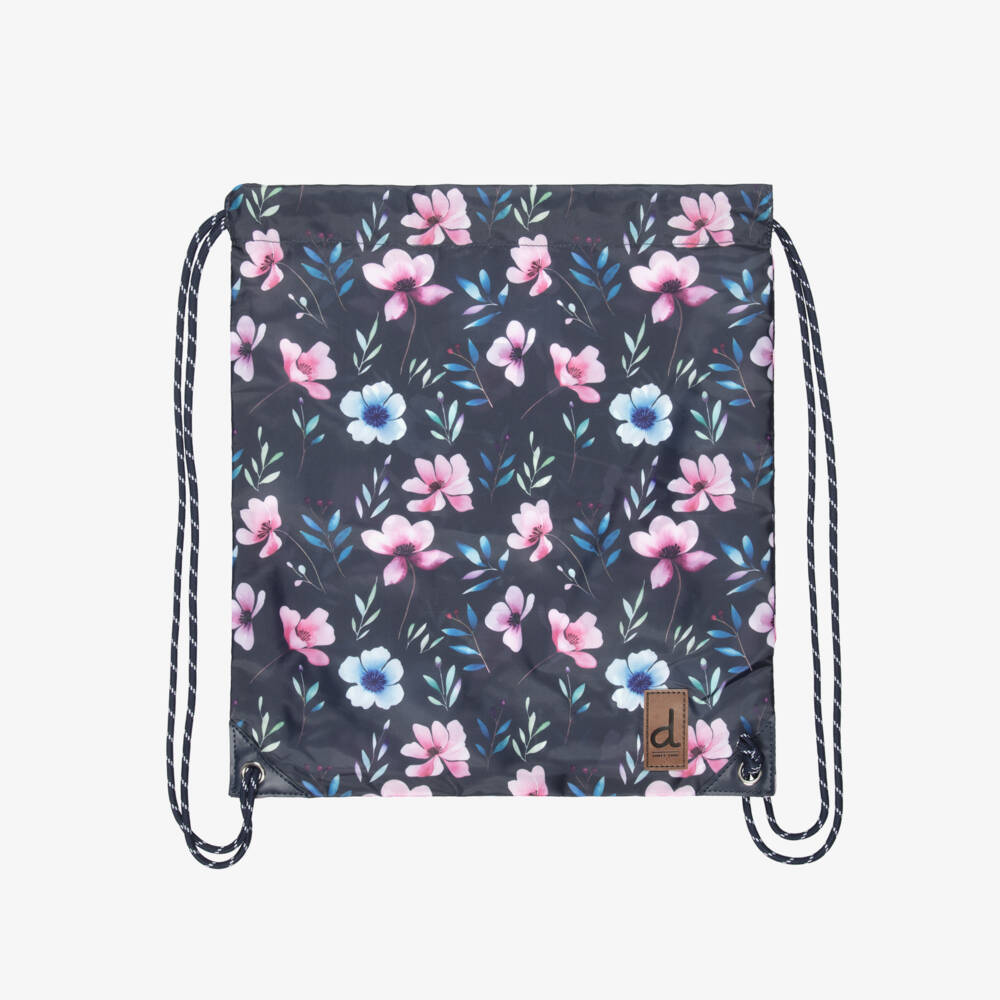 Deux par Deux-Girls Navy Blue Flower Print Drawstring Backpack (39cm) | Childrensalon