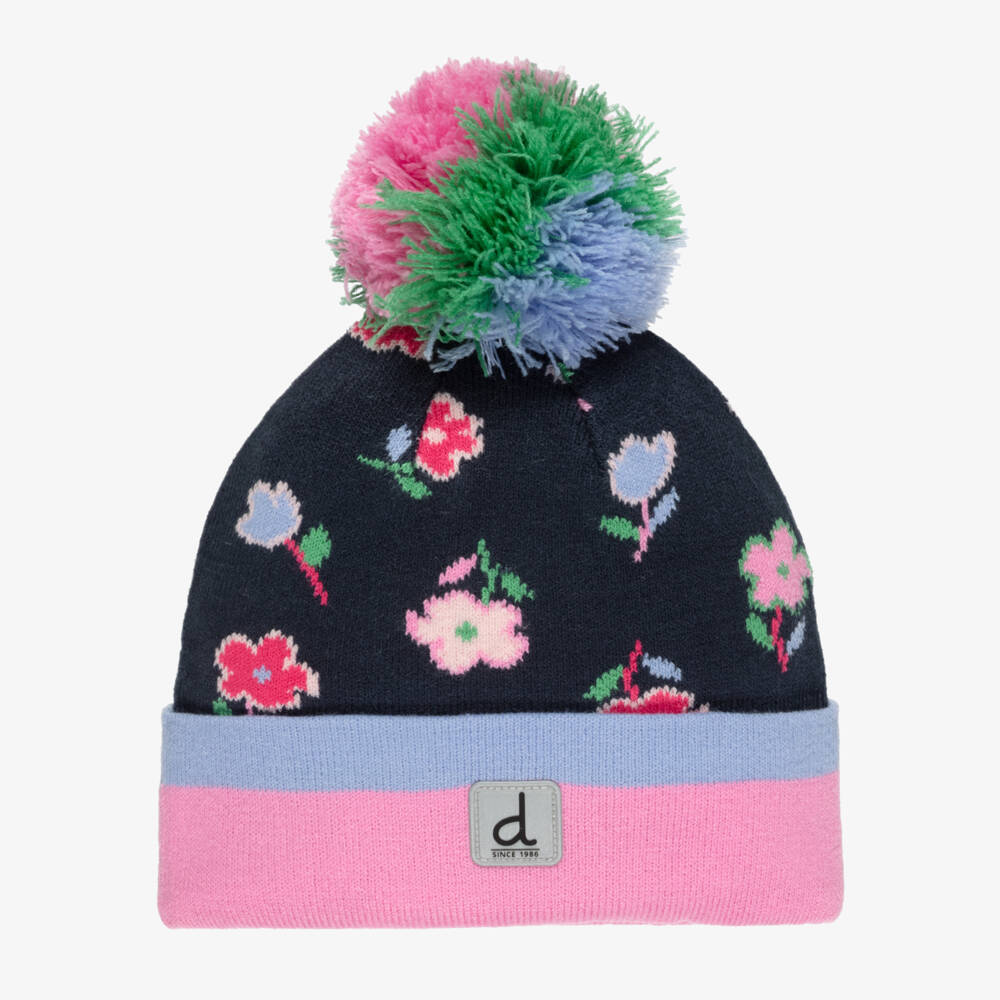 Deux par Deux-Girls Navy Blue & Pink Floral Knit Hat | Childrensalon