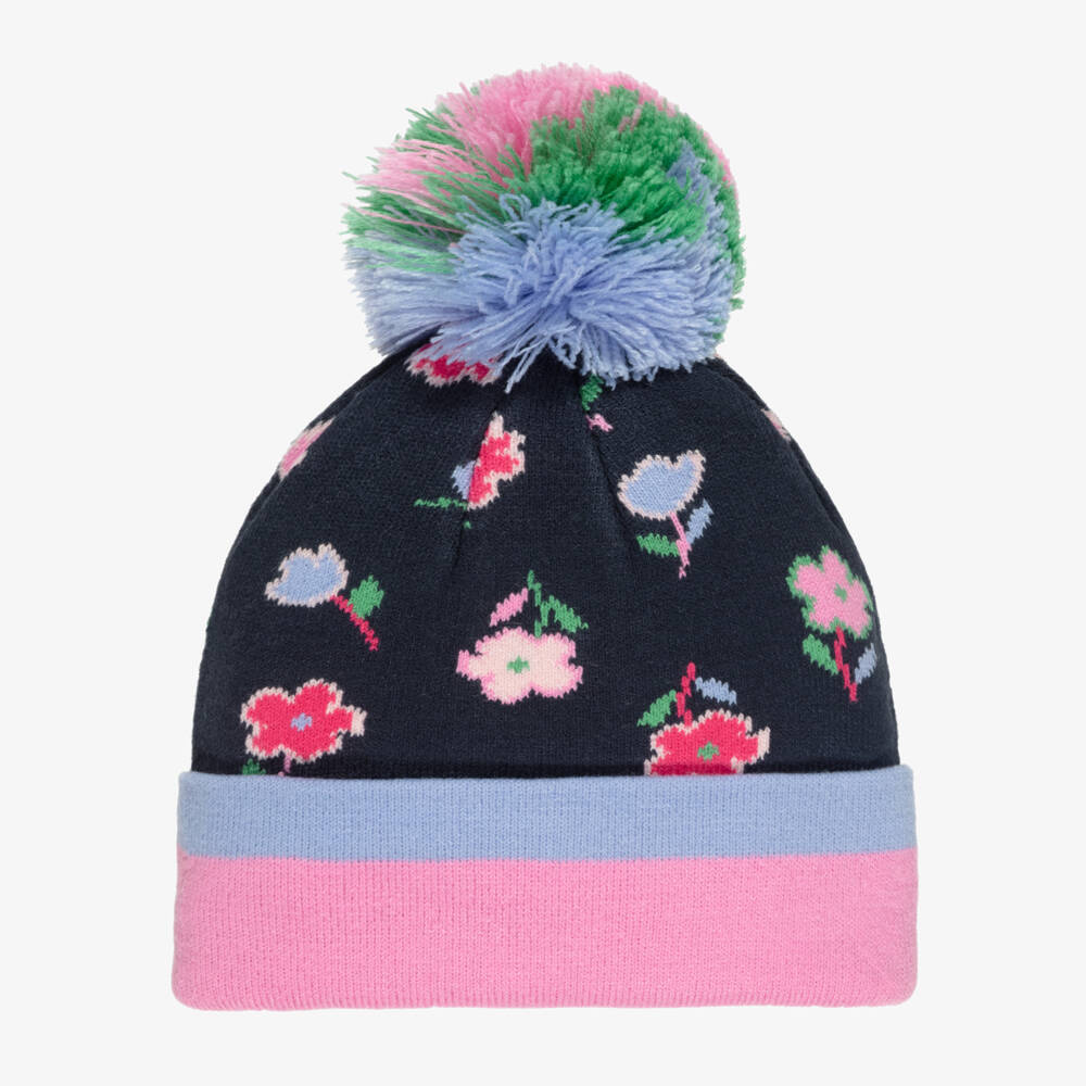 Deux par Deux-Girls Navy Blue & Pink Floral Knit Hat | Childrensalon