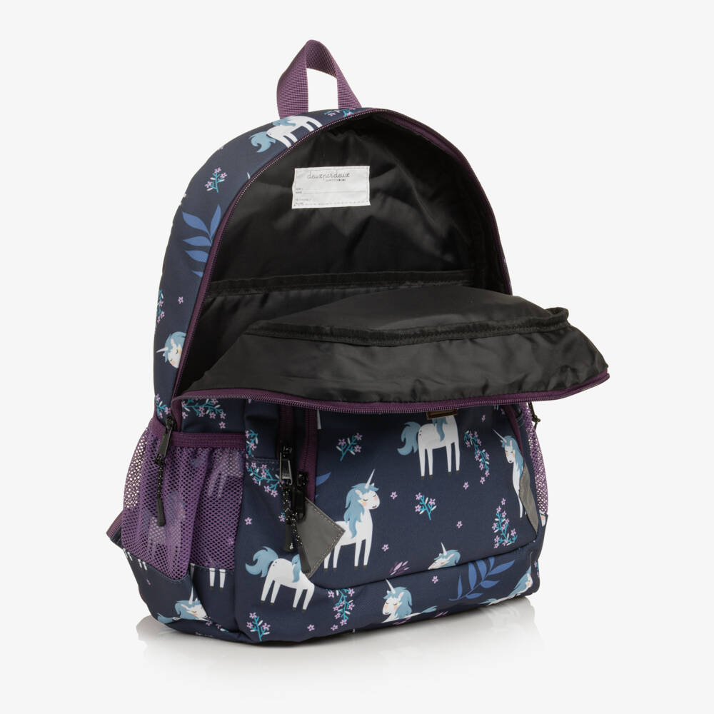 Deux par Deux-Girls Navy Blue Unicorn Print Small Backpack (38cm) | Childrensalon