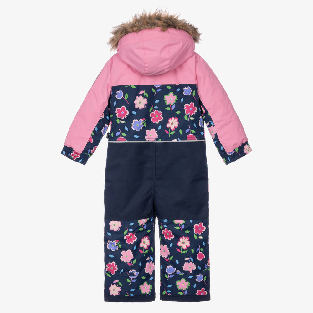 Deux par Deux-Girls Navy & Pink Flower Print Snowsuit with Detachable Hood | Childrensalon