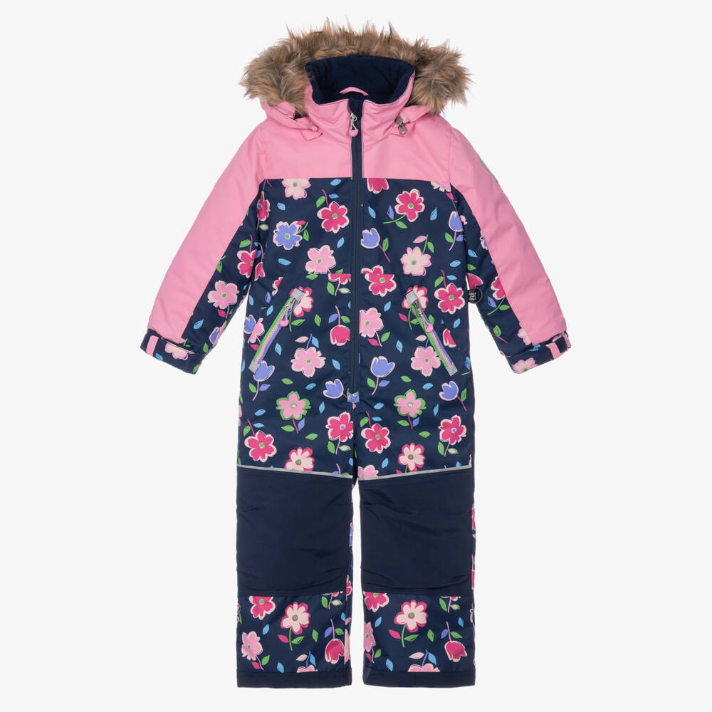 Deux par Deux-Girls Navy & Pink Flower Print Snowsuit with Detachable Hood | Childrensalon