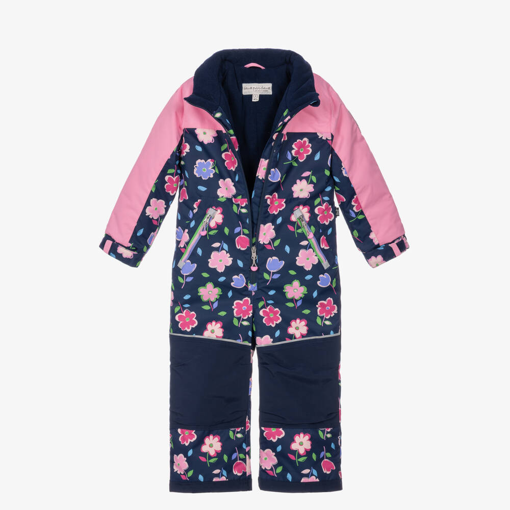 Deux par Deux-Girls Navy & Pink Flower Print Snowsuit with Detachable Hood | Childrensalon