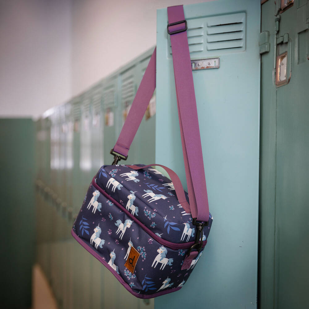 Deux par Deux-Girls Navy Unicorn & Floral Print Lunch Bag (25cm) | Childrensalon