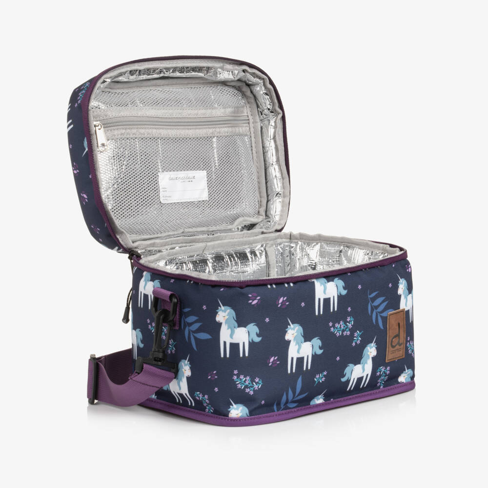 Deux par Deux-Girls Navy Unicorn & Floral Print Lunch Bag (25cm) | Childrensalon