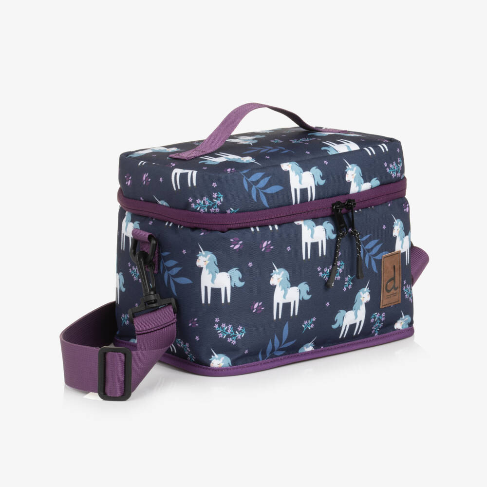Deux par Deux-Girls Navy Unicorn & Floral Print Lunch Bag (25cm) | Childrensalon