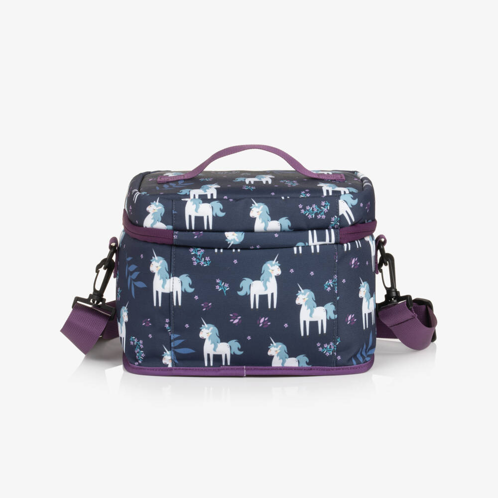 Deux par Deux-Girls Navy Unicorn & Floral Print Lunch Bag (25cm) | Childrensalon