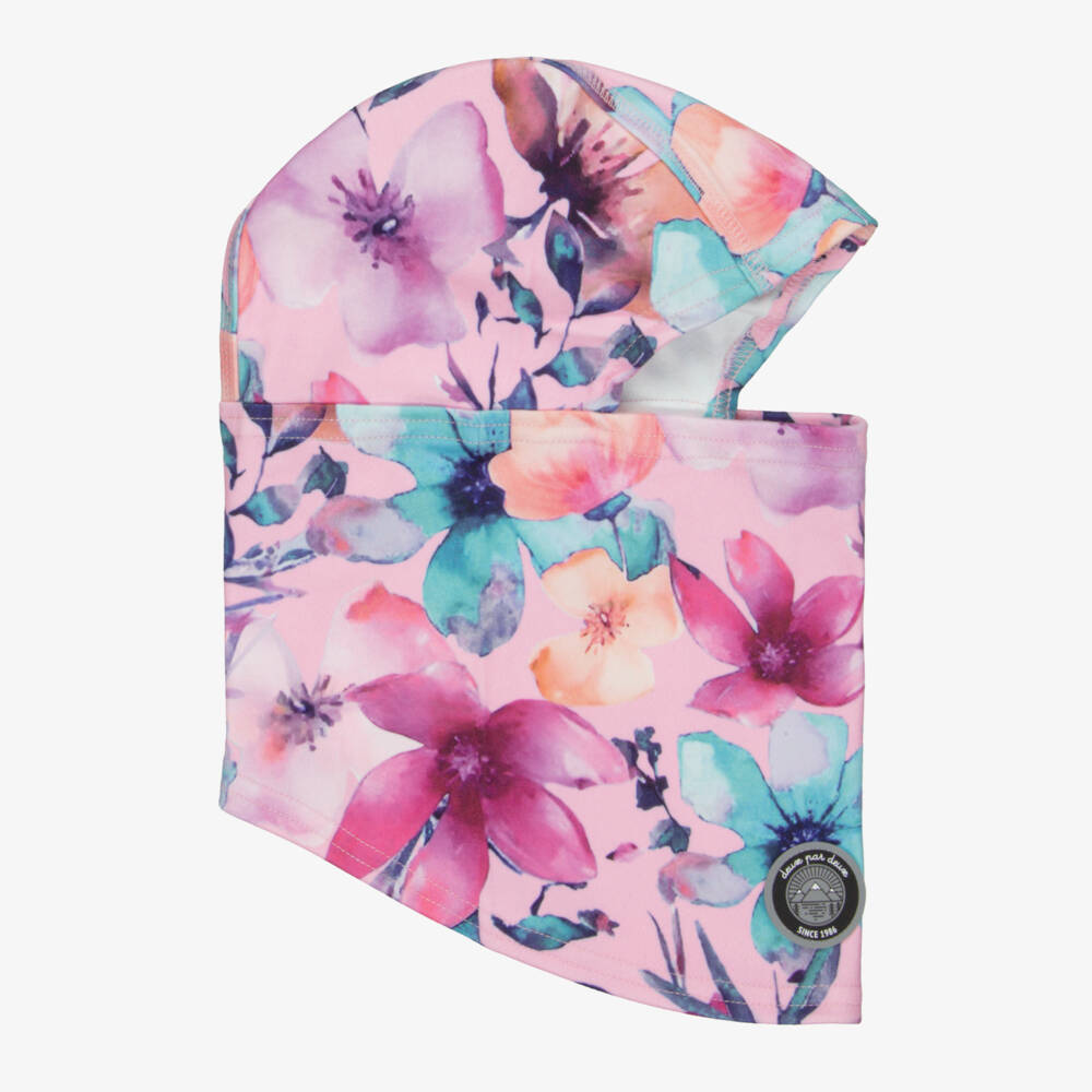 Deux par Deux-Girls Pink Brushed Jersey Floral Print Balaclava | Childrensalon