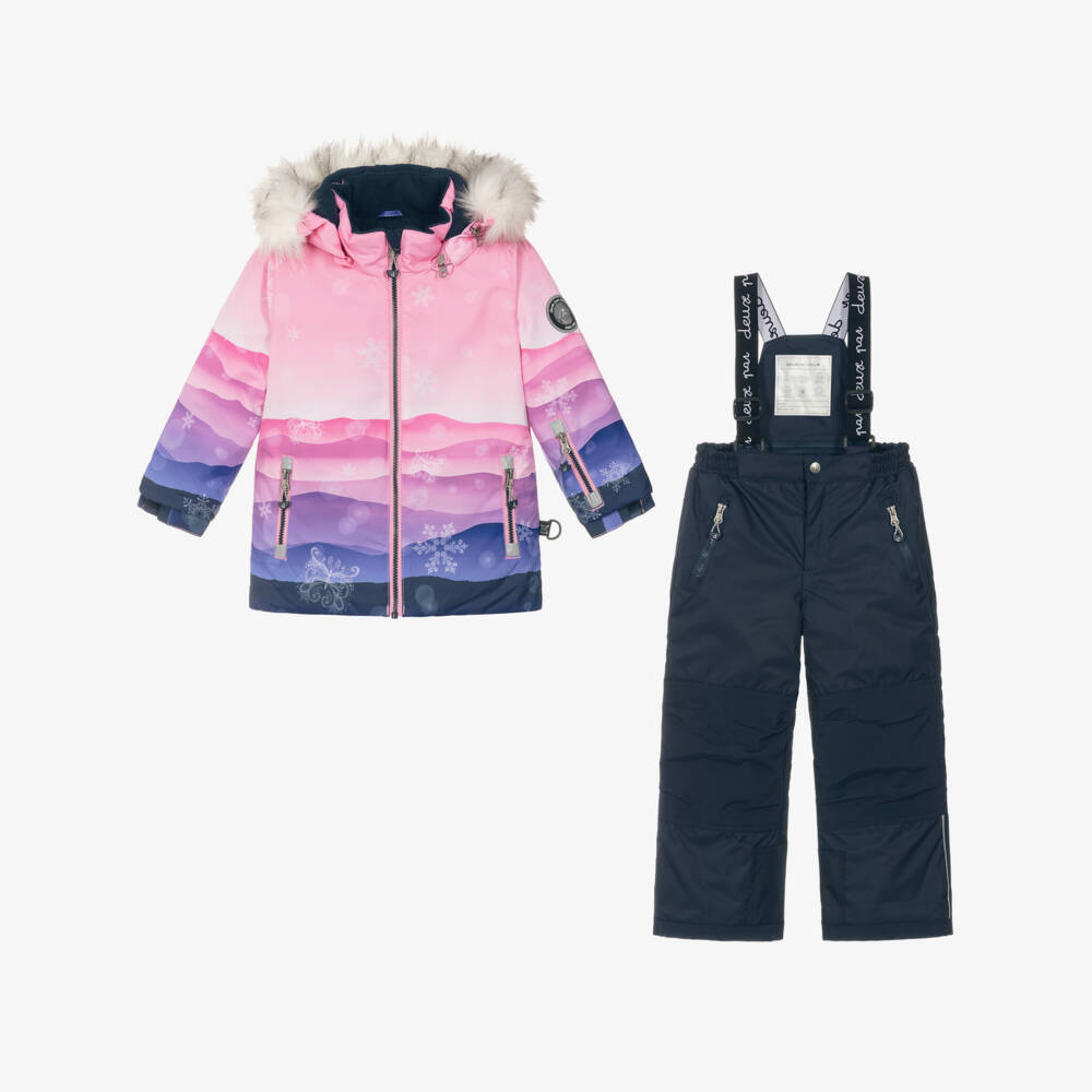 Deux par Deux-Girls Pink Mountain Scene & Navy Blue Snowsuit | Childrensalon