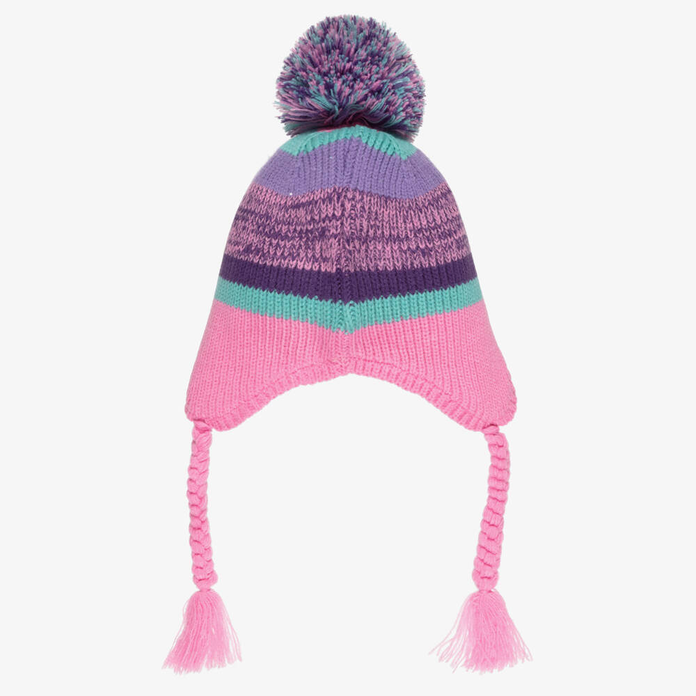 Deux par Deux-Girls Pink & Purple Striped Knit Pom-Pom Hat | Childrensalon