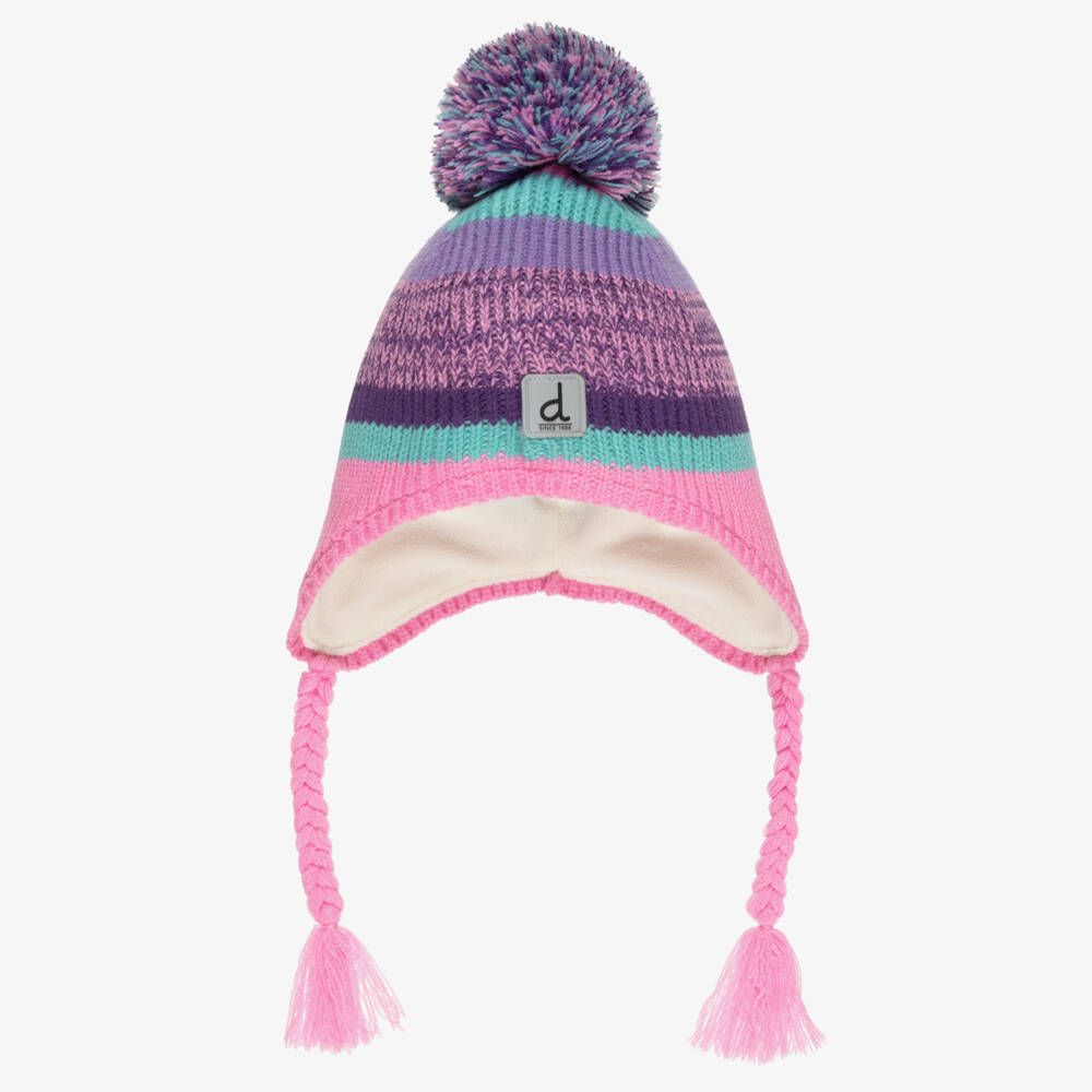 Deux par Deux-Girls Pink & Purple Striped Knit Pom-Pom Hat | Childrensalon