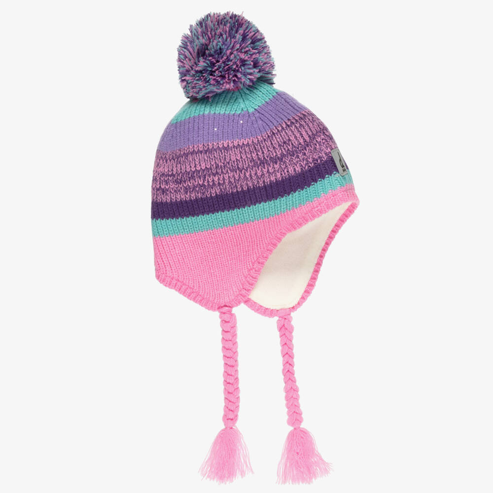 Deux par Deux-Girls Pink & Purple Striped Knit Pom-Pom Hat | Childrensalon