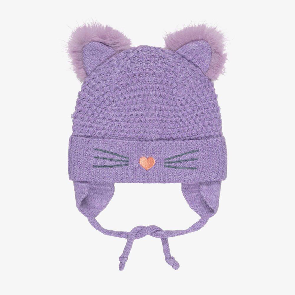 Deux par Deux-Girls Purple Knitted Hat with Cat Ears | Childrensalon
