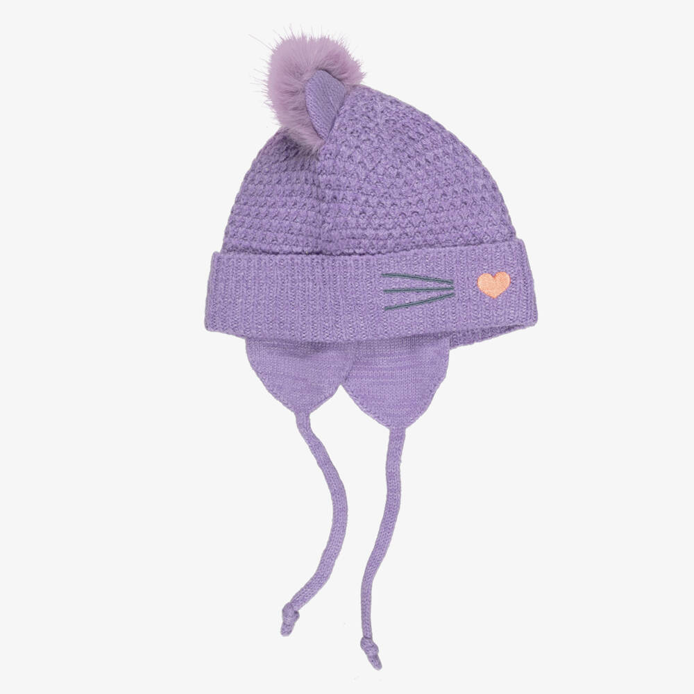 Deux par Deux-Girls Purple Knitted Hat with Cat Ears | Childrensalon