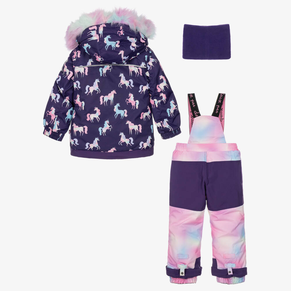 Deux par Deux-Girls Purple Technical Snowsuit with Pastel Unicorn Prints | Childrensalon