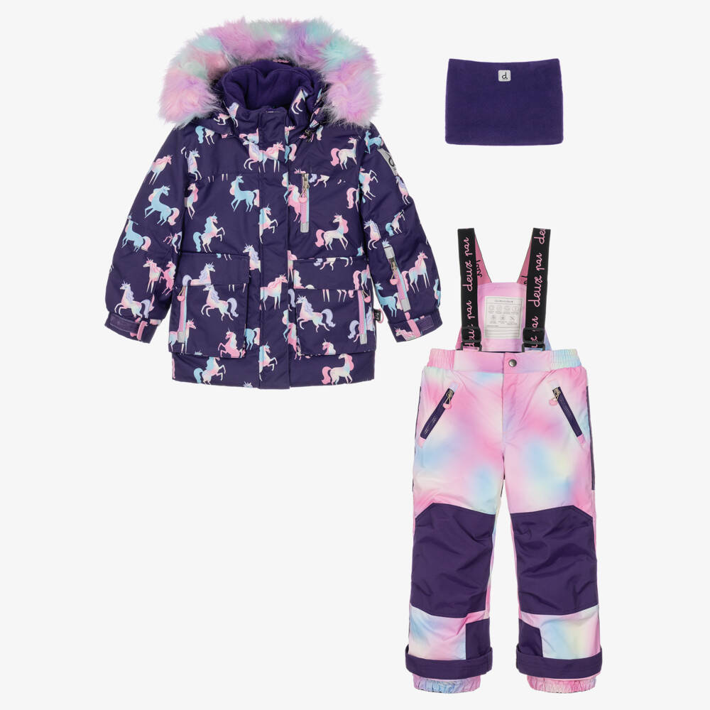 Deux par Deux-Girls Purple Technical Snowsuit with Pastel Unicorn Prints | Childrensalon