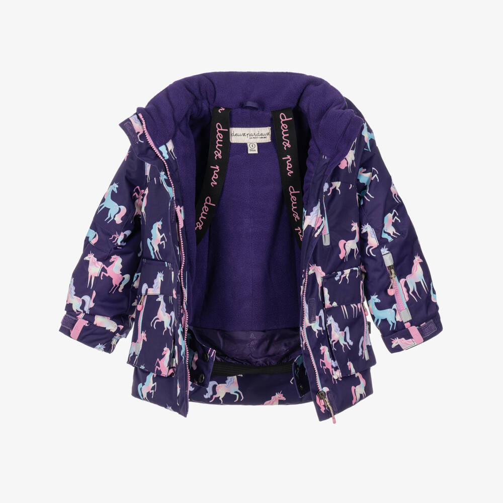 Deux par Deux-Girls Purple Technical Snowsuit with Pastel Unicorn Prints | Childrensalon