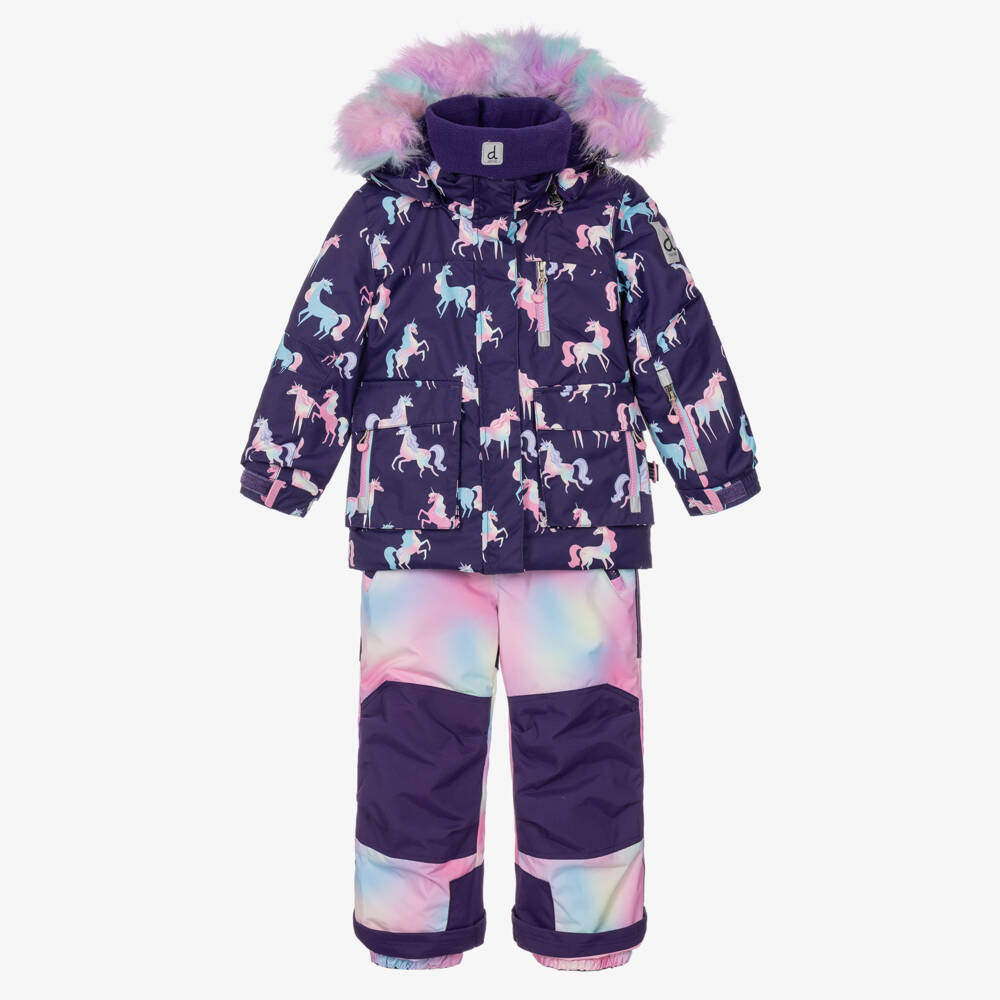 Deux par Deux-Girls Purple Technical Snowsuit with Pastel Unicorn Prints | Childrensalon