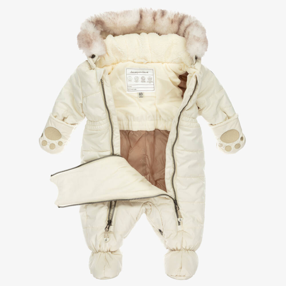 Deux par Deux-Ivory Hooded Snowsuit with Faux Fur Trim | Childrensalon