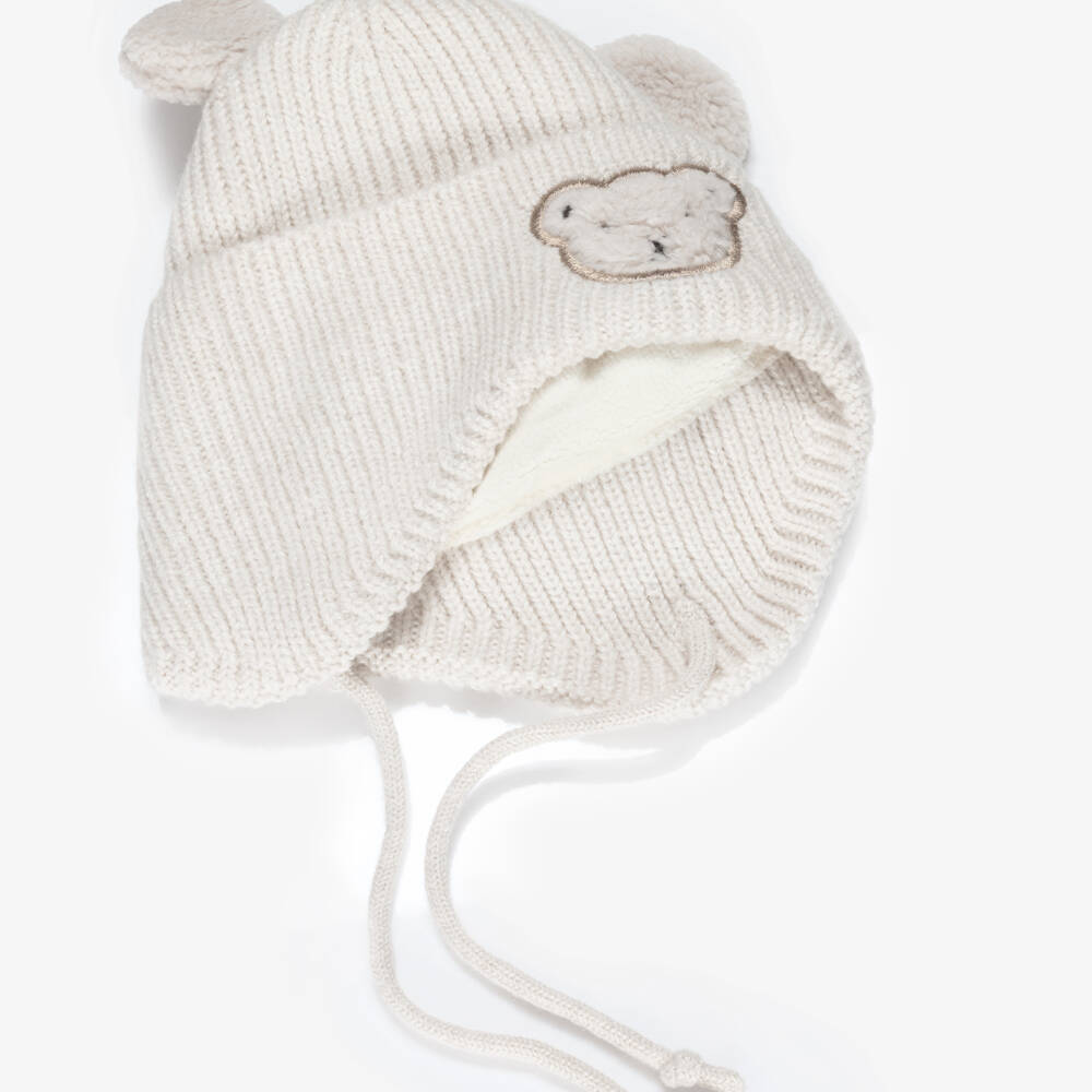 Deux par Deux-Knitted Ivory Hat with Bear Ears | Childrensalon
