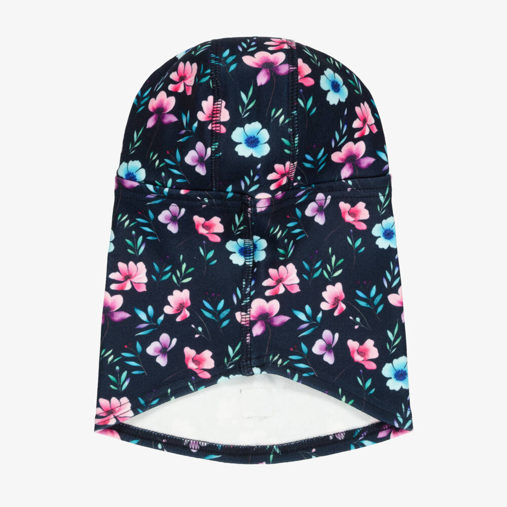 Deux par Deux-Navy Blue Brushed Jersey Balaclava with Floral Print | Childrensalon
