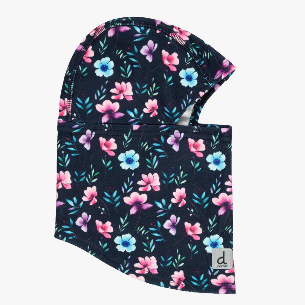 Deux par Deux-Navy Blue Brushed Jersey Balaclava with Floral Print | Childrensalon