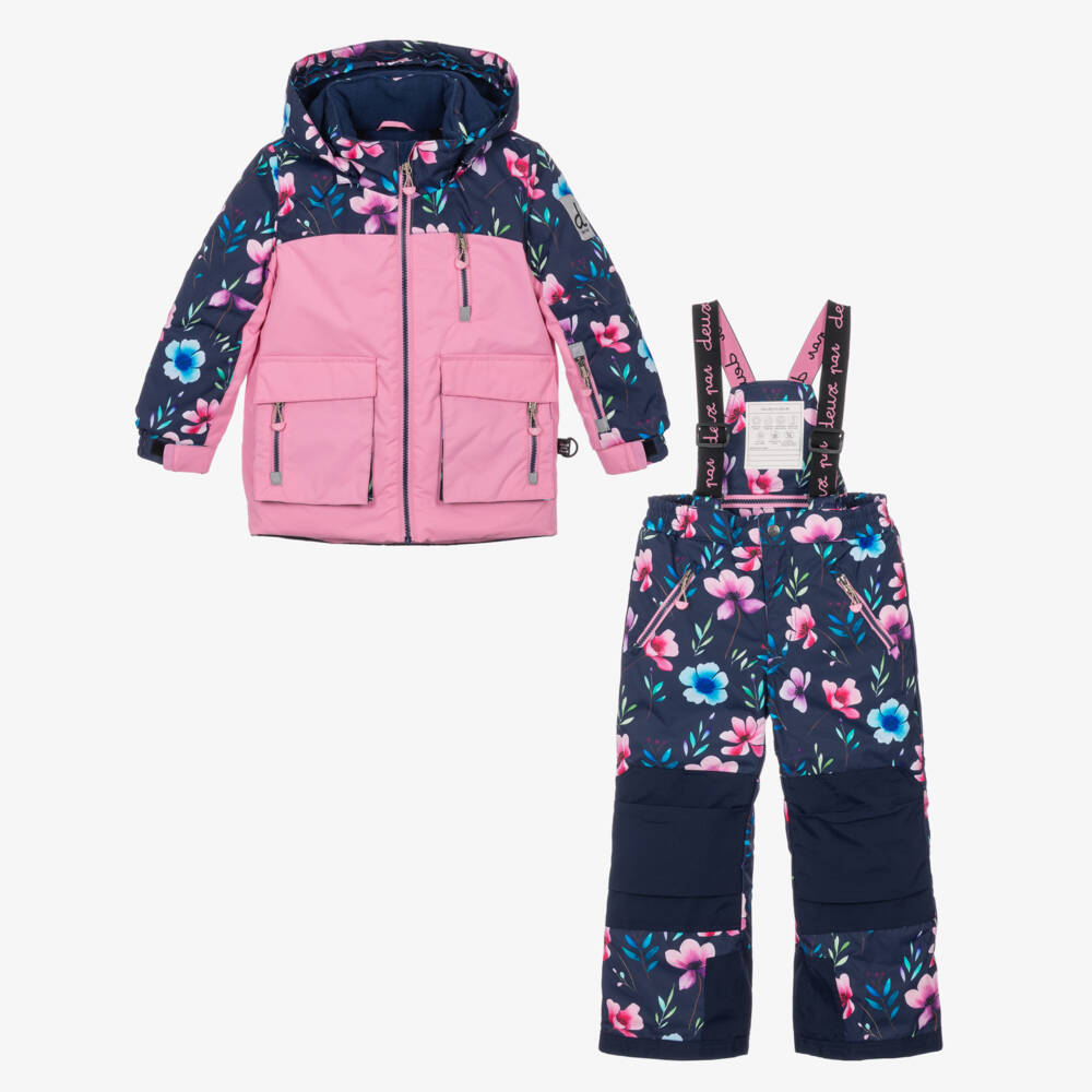 Deux par Deux-Navy Blue & Pink Flower Print Technical Snowsuit | Childrensalon