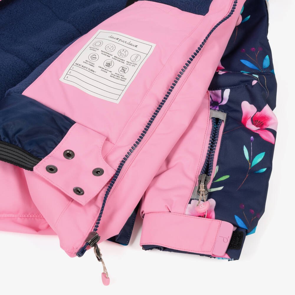 Deux par Deux-Navy Blue & Pink Flower Print Technical Snowsuit | Childrensalon