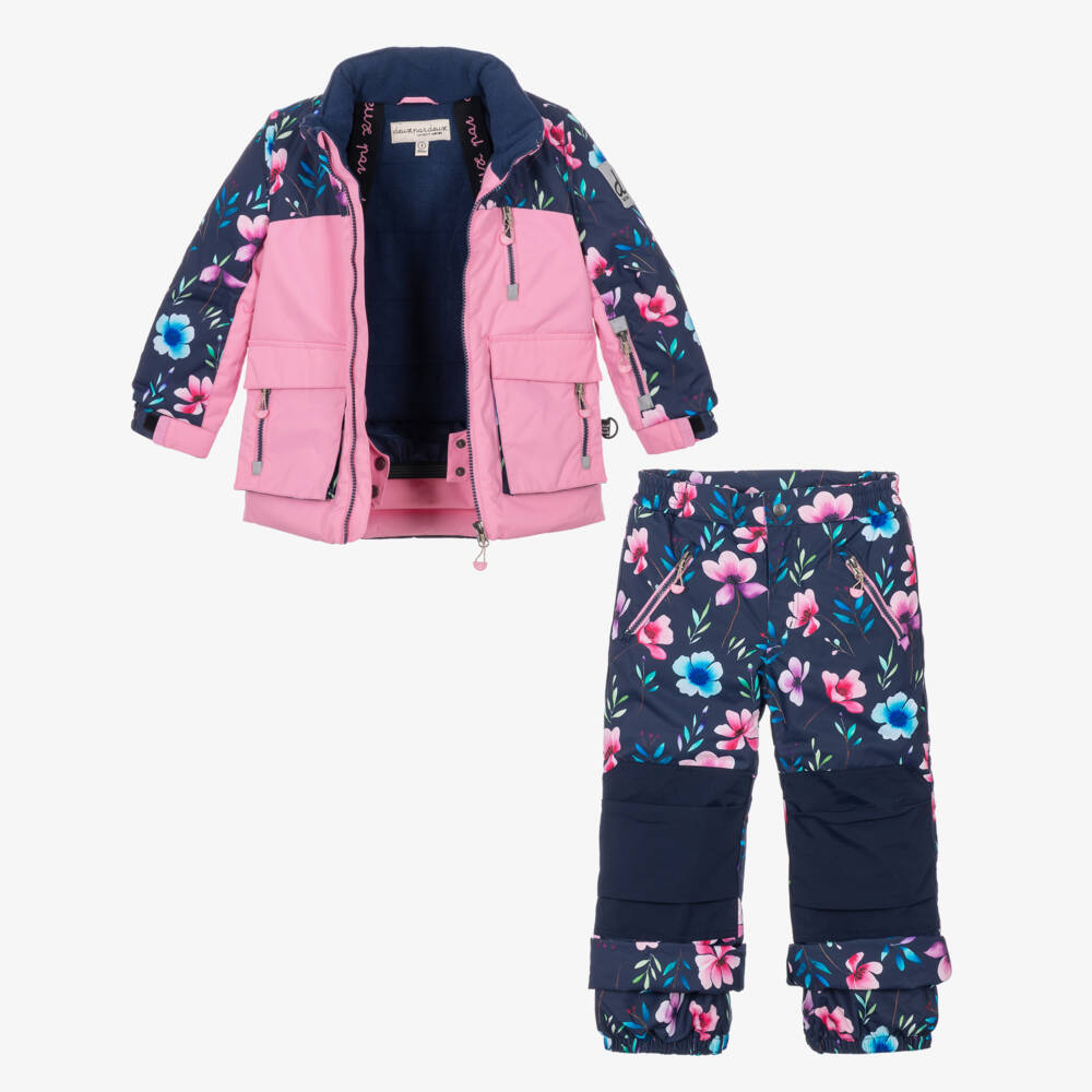 Deux par Deux-Navy Blue & Pink Flower Print Technical Snowsuit | Childrensalon