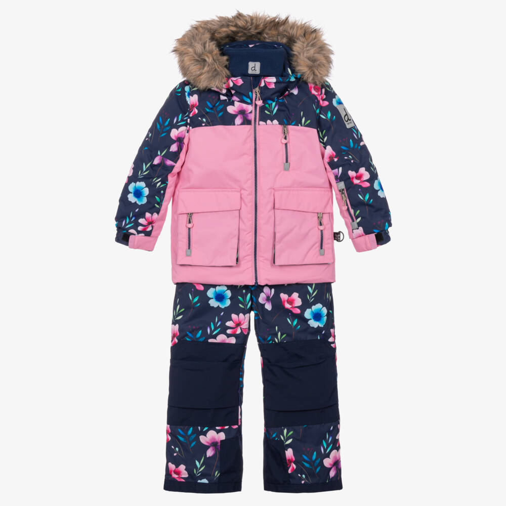 Deux par Deux-Navy Blue & Pink Flower Print Technical Snowsuit | Childrensalon