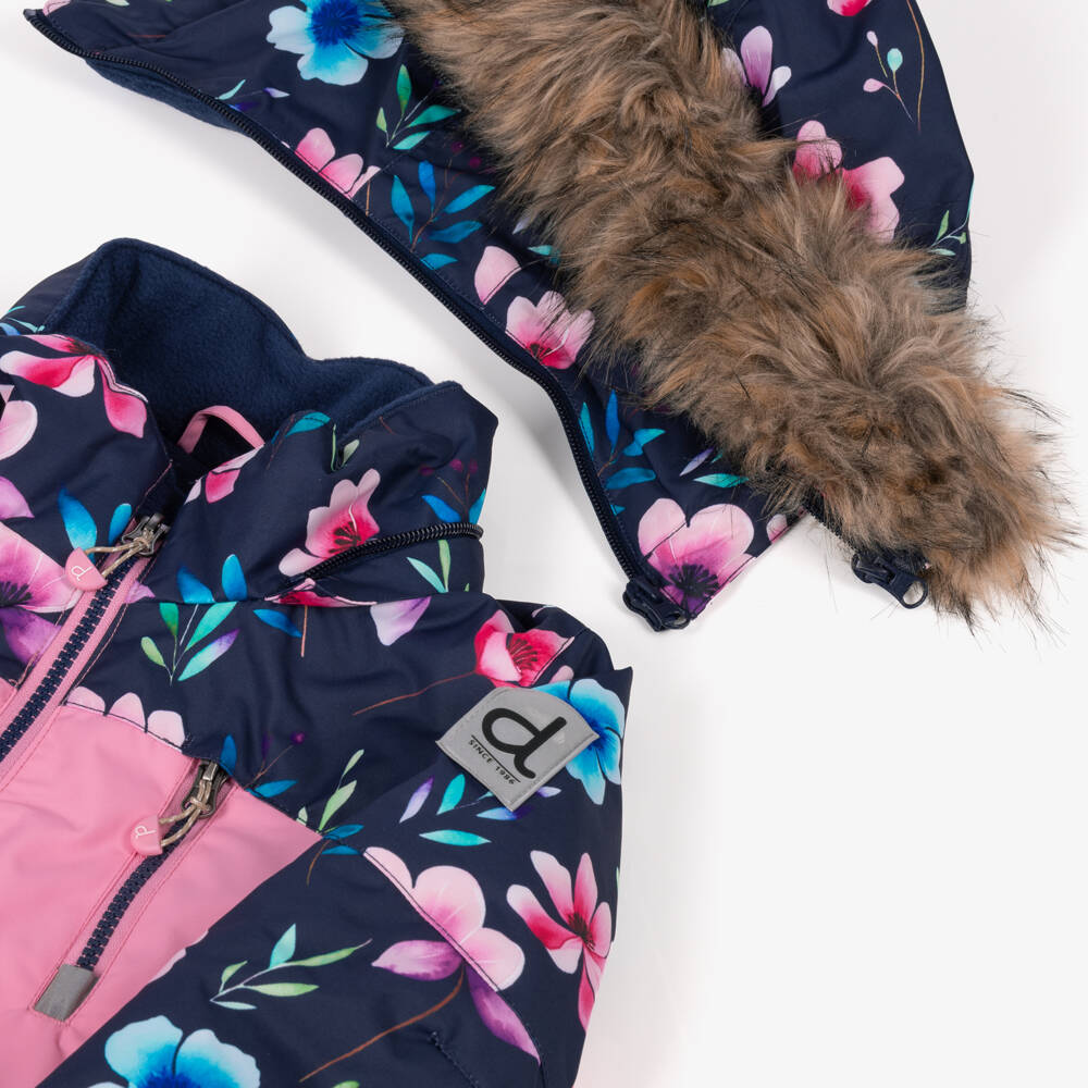 Deux par Deux-Navy Blue & Pink Flower Print Technical Snowsuit | Childrensalon