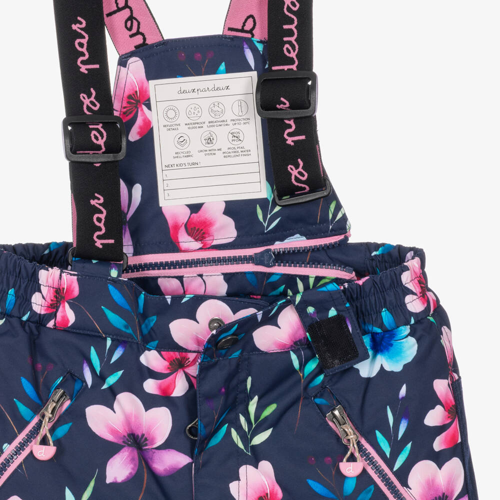 Deux par Deux-Navy Blue & Pink Flower Print Technical Snowsuit | Childrensalon