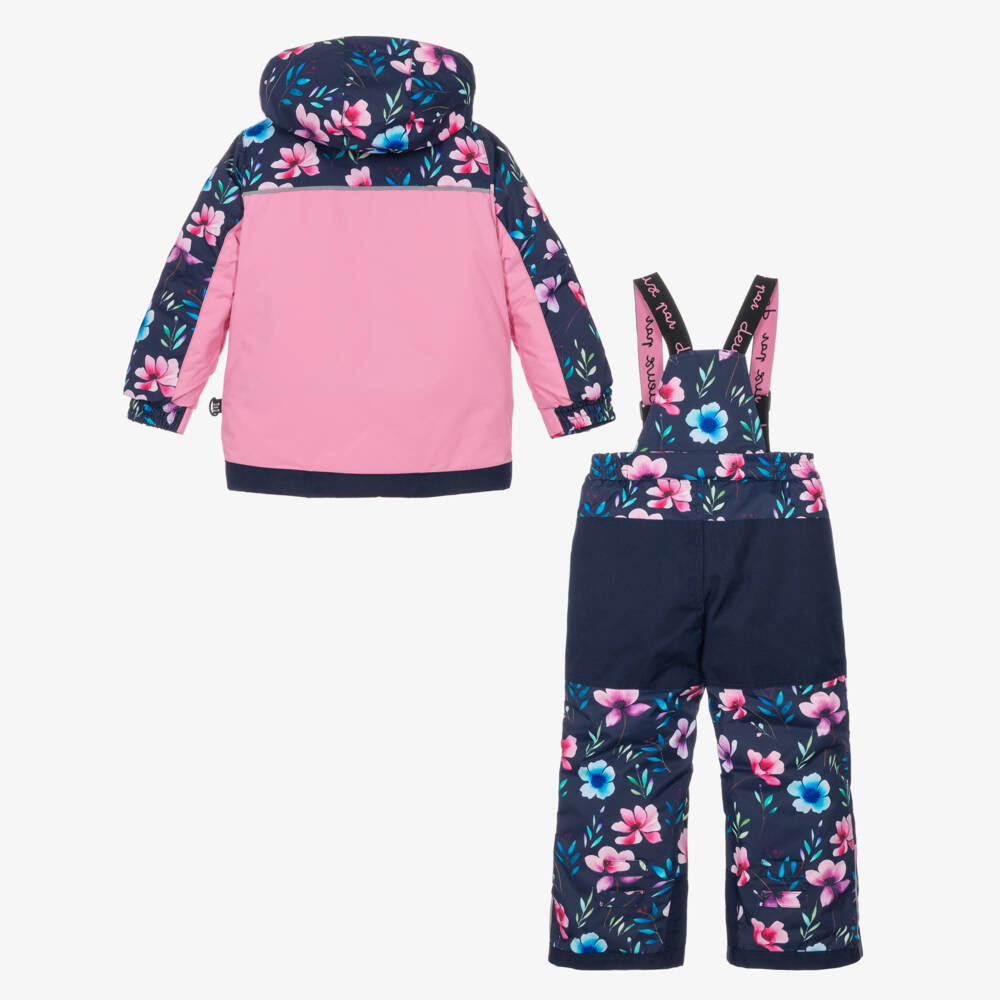 Deux par Deux-Navy Blue & Pink Flower Print Technical Snowsuit | Childrensalon