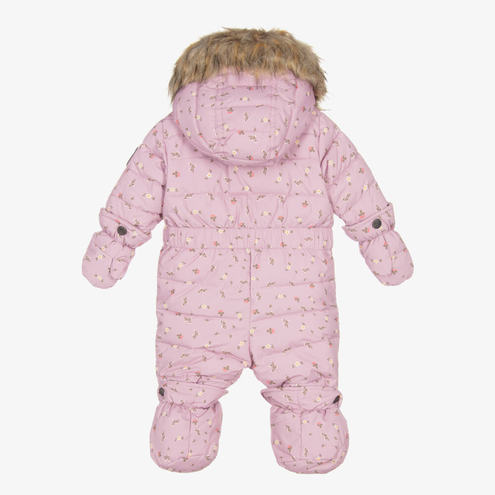 Deux par Deux-Pink Floral Print Hooded Baby Snowsuit  | Childrensalon