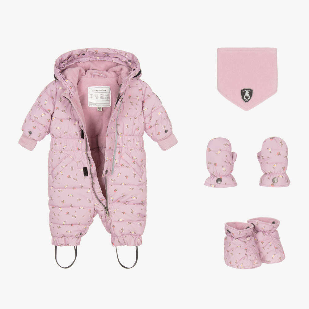 Deux par Deux-Pink Floral Print Hooded Baby Snowsuit  | Childrensalon