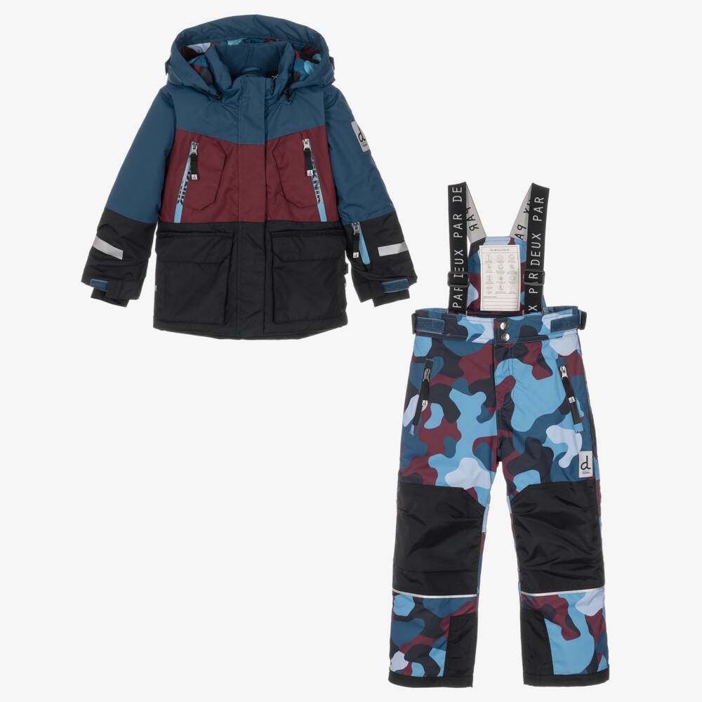 Deux par Deux-Teal Blue & Burgundy Camouflage Snowsuit | Childrensalon