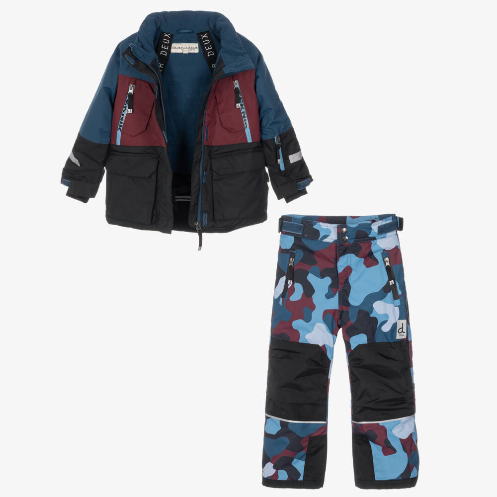 Deux par Deux-Teal Blue & Burgundy Camouflage Technical Snowsuit | Childrensalon