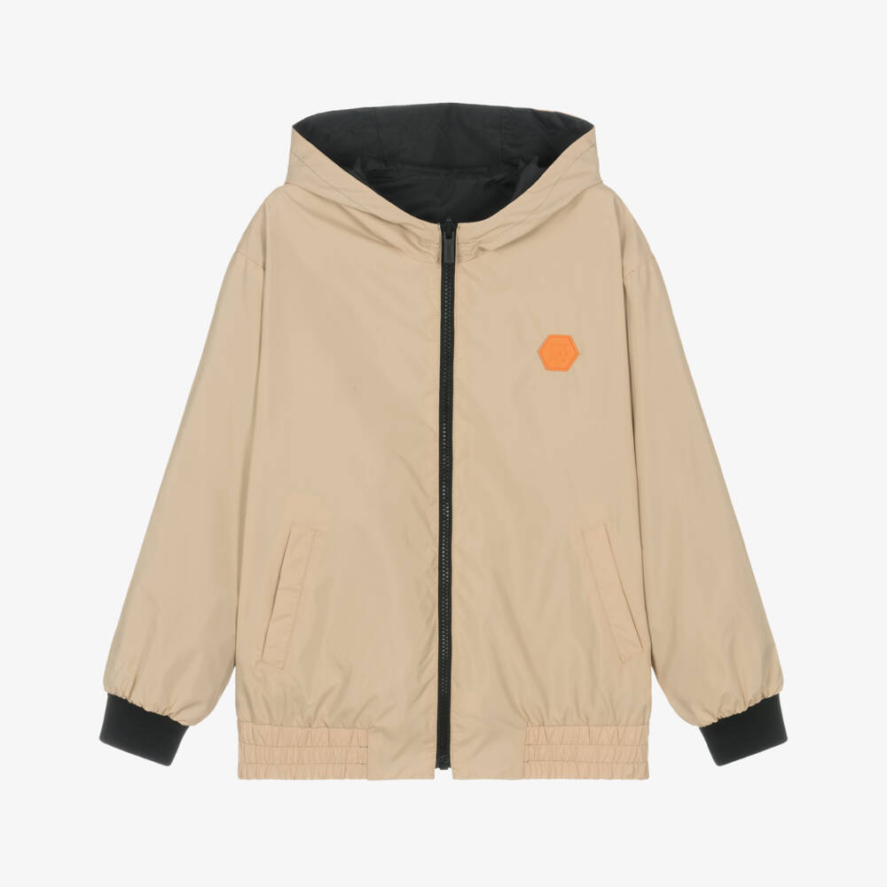 DKNY-Black & Beige Reversible Jacket with Contrast Logo Print | Childrensalon