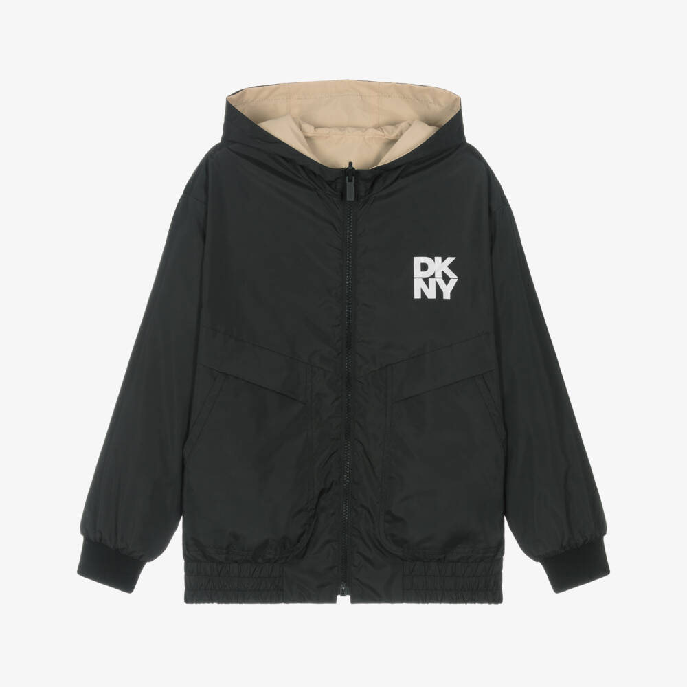 DKNY-Black & Beige Reversible Jacket with Contrast Logo Print | Childrensalon