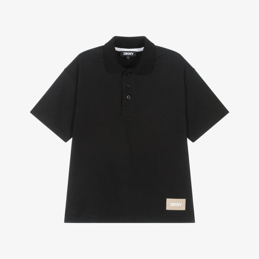 DKNY-Black Cotton Jersey Polo Shirt with Logo Details | Childrensalon