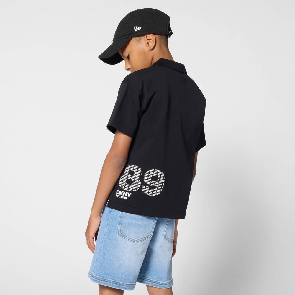 DKNY-Black Cotton Jersey Polo Shirt with Logo Details | Childrensalon