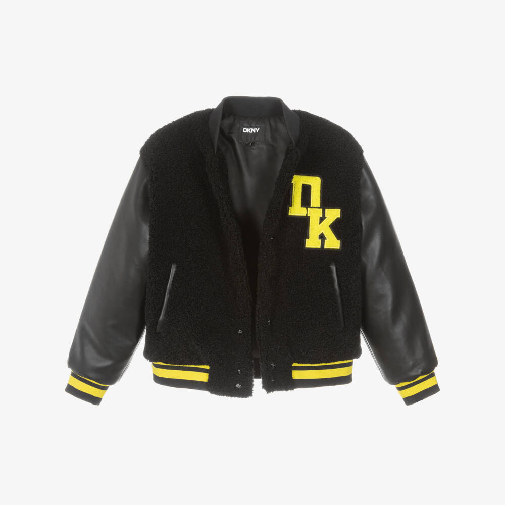 DKNY-Black Faux Shearling Varsity Bomber Jacket | Childrensalon