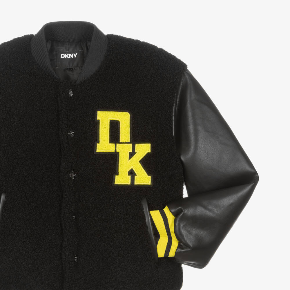 DKNY-Black Faux Shearling Varsity Bomber Jacket | Childrensalon