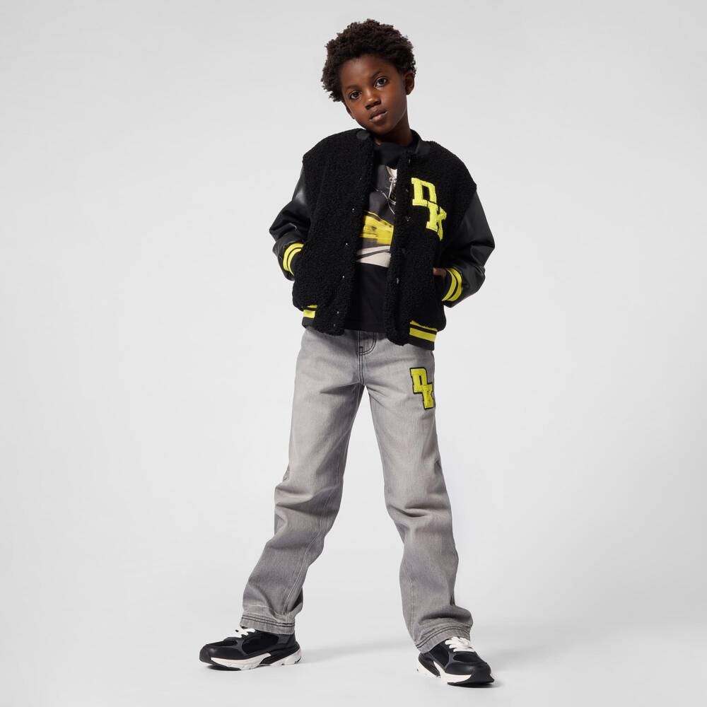 DKNY-Black Faux Shearling Varsity Bomber Jacket | Childrensalon