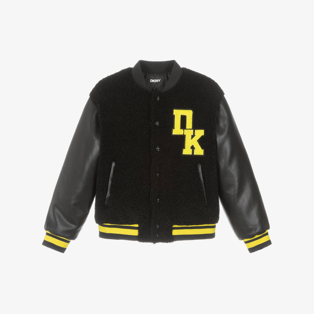 DKNY-Black Faux Shearling Varsity Bomber Jacket | Childrensalon
