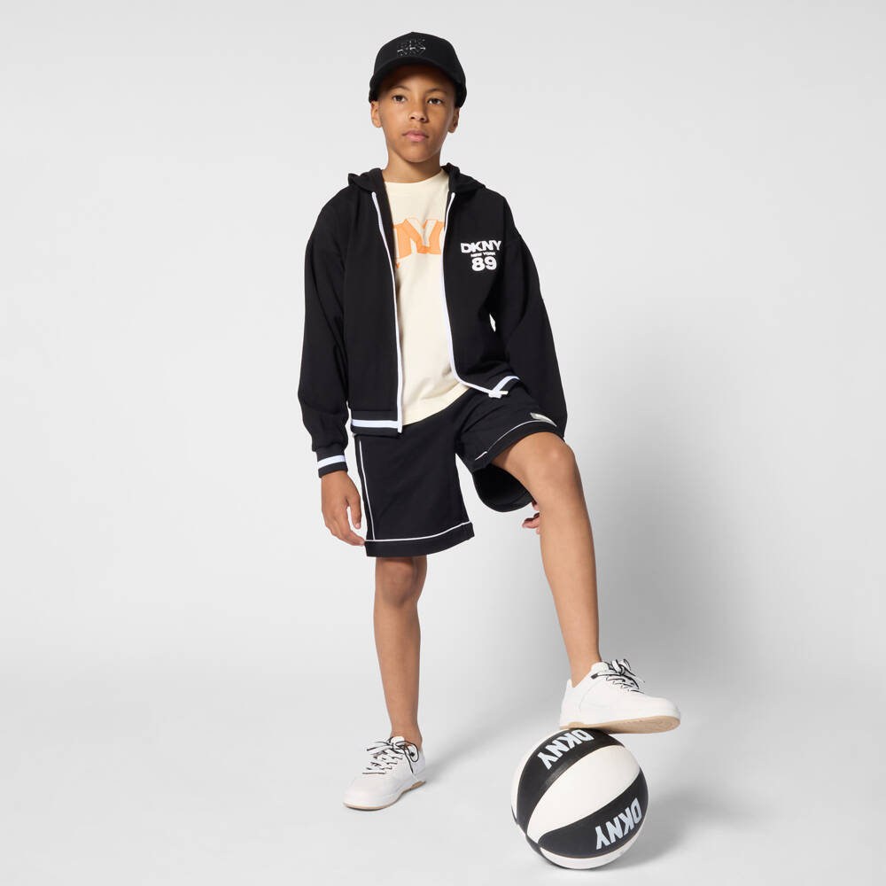DKNY-Толстовка на молнии черная из миланского трикотажа с белым логотипом | Childrensalon