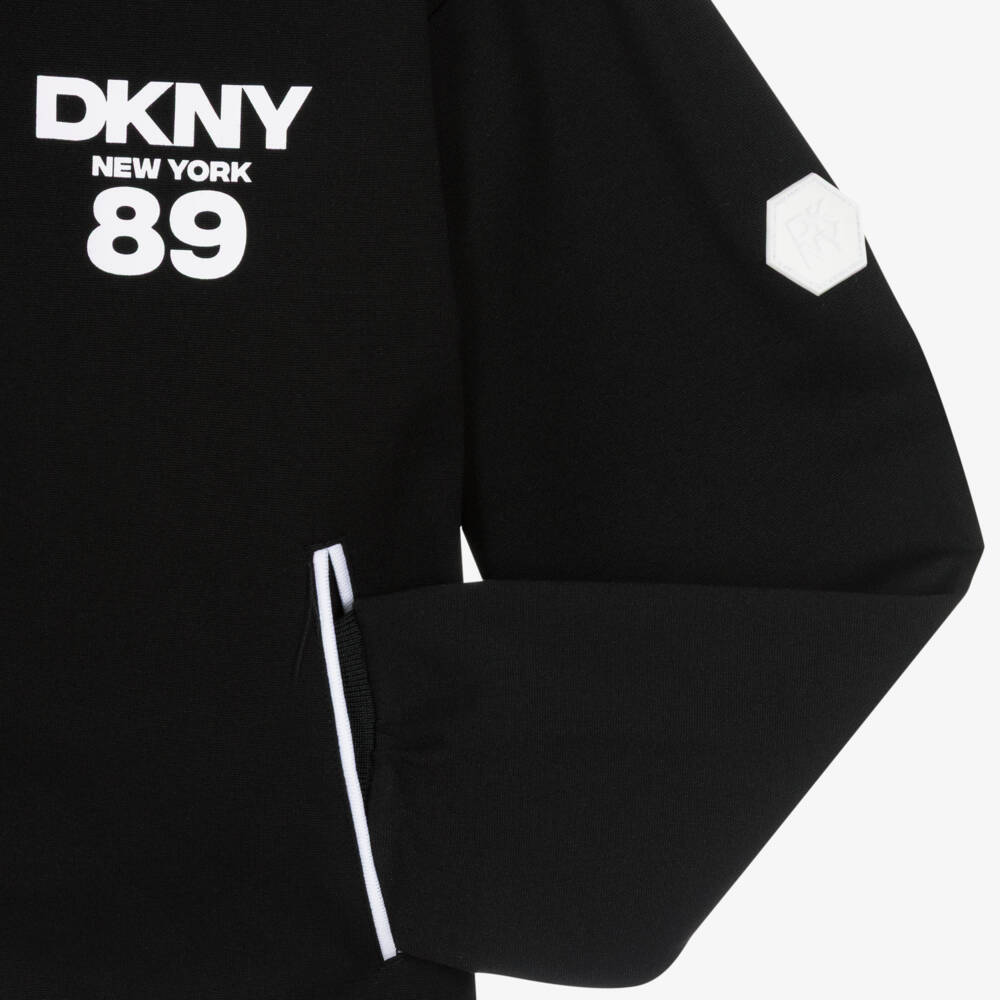 DKNY-Black Milano Jersey Zip-Up Hoodie with White Logo Print | Childrensalon
